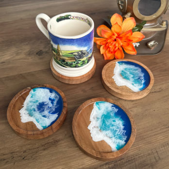 Set of four blue portraits “faces in the waves” ocean drinks coasters