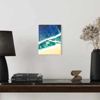 Turquoise and blue crossing wave beach wall art