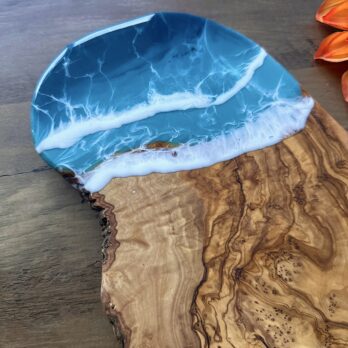 Olive Wood Charcuterie board With Teal Waves