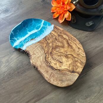 Olive Wood Charcuterie board With Teal Waves